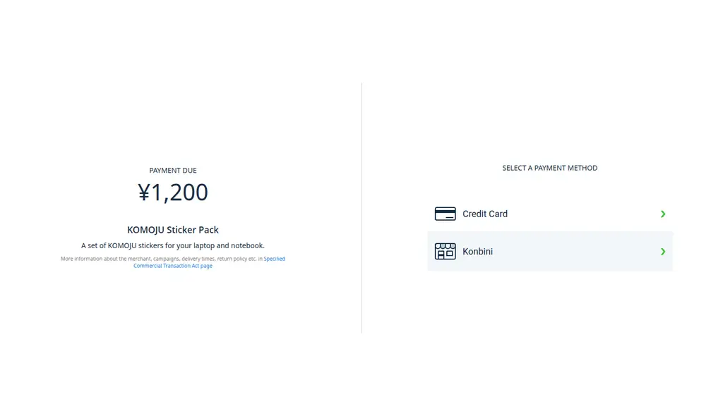 Checkout screen listing the payment methods available for the link