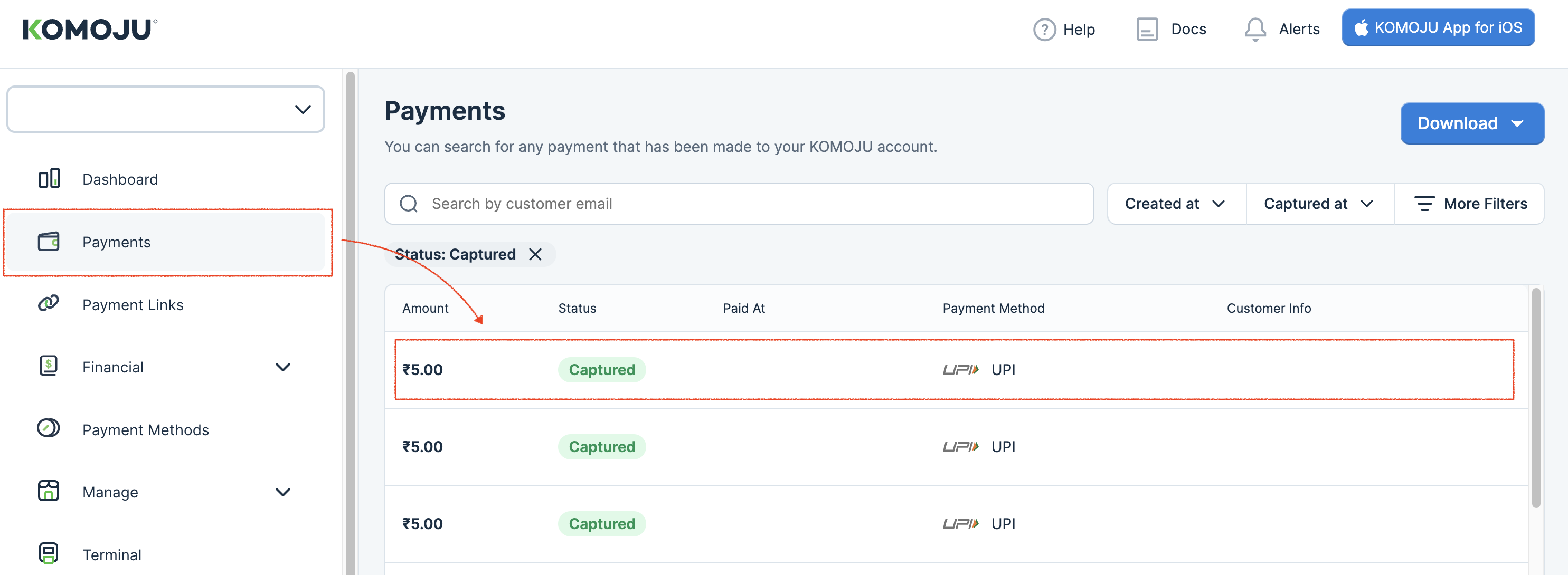 In the KOMOJU dashboard, navigate to Payments and confirm the order status shows as Captured.