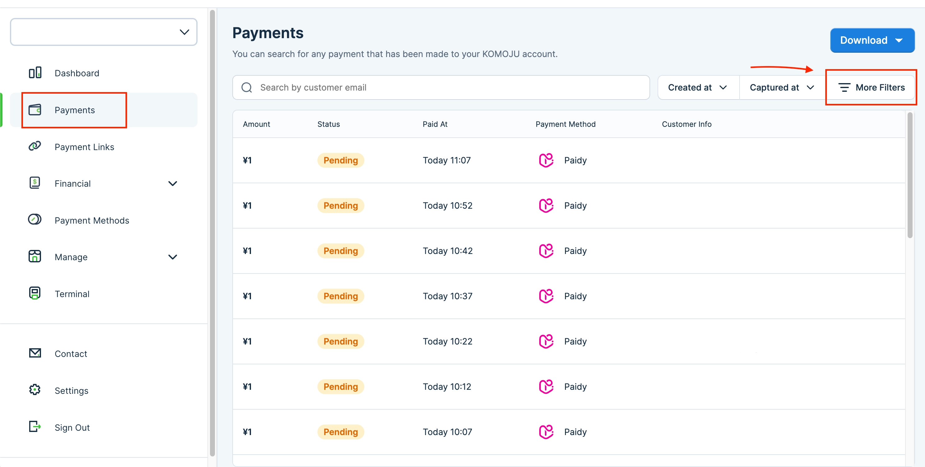 Use the Filter tool on the Payments screen to see more options.